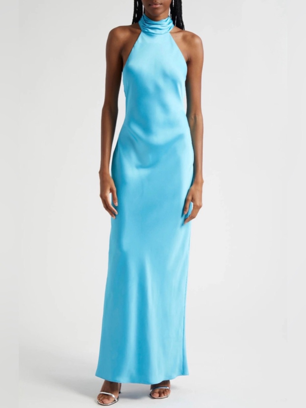 Ramy Brook Tatiana High
Neck Halter Satin Gown Maxi
Dress Blue US 6 $645